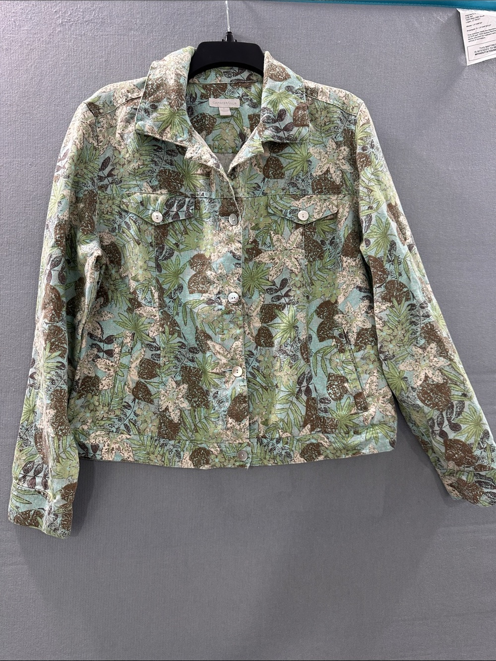 Charter Club Floral Print Jean Jacket in Green and Brown size L 100% linen